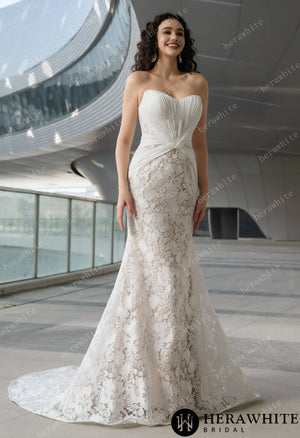 Elegant Strapless Pleated Wedding Dress with Lace Mermaid Skirt and Flowing Sheer Cape HW3580