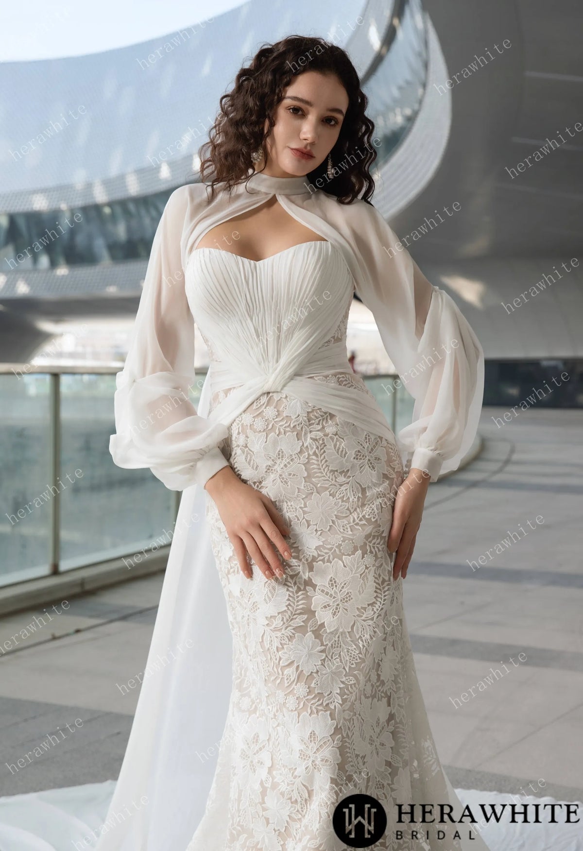 Elegant Strapless Pleated Wedding Dress with Lace Mermaid Skirt and Flowing Sheer Cape HW3580