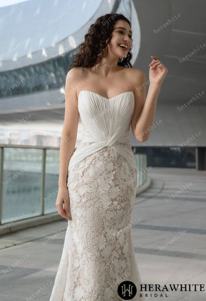 Elegant Strapless Pleated Wedding Dress with Lace Mermaid Skirt and Flowing Sheer Cape HW3580