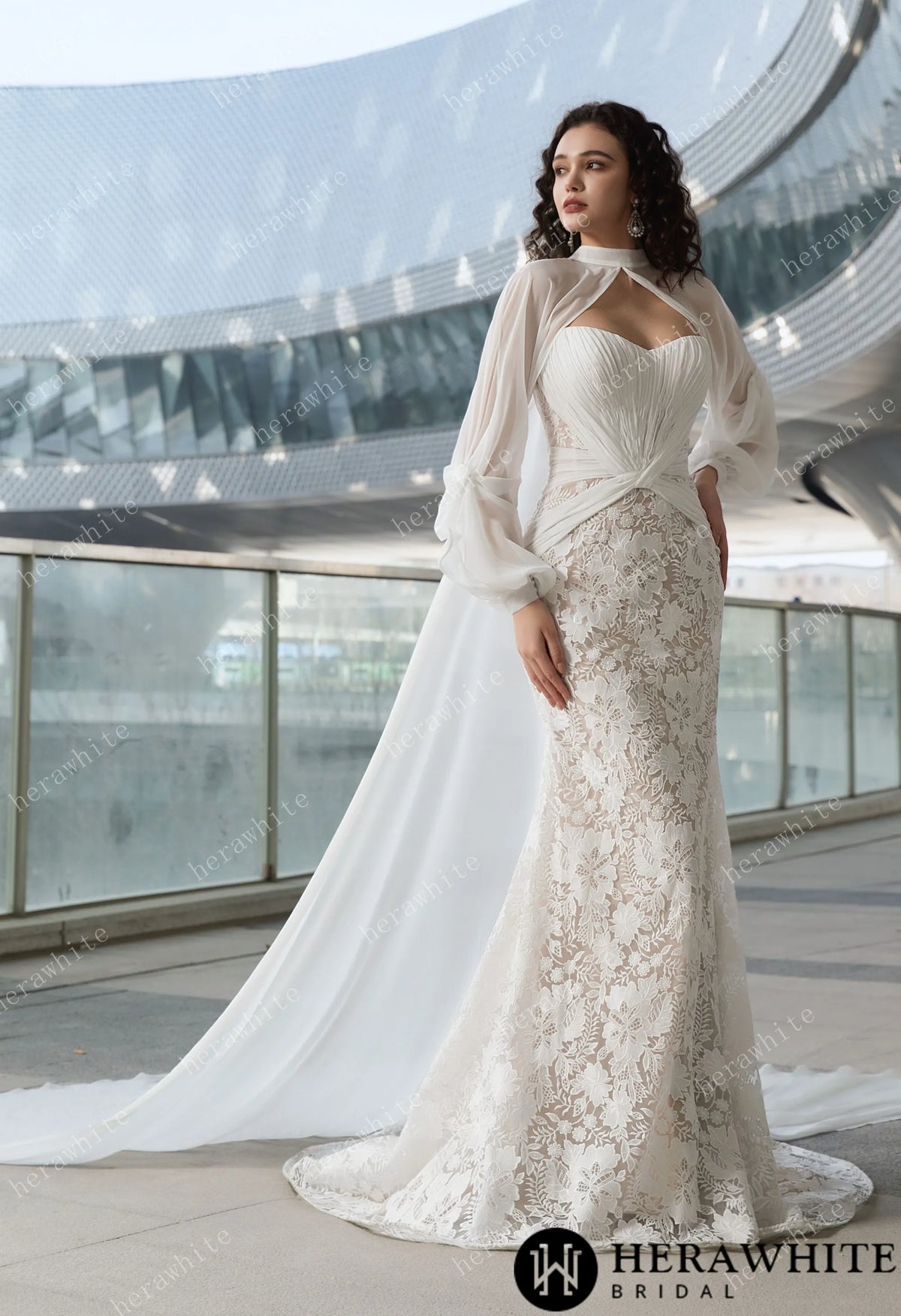 Elegant Strapless Pleated Wedding Dress with Lace Mermaid Skirt and Flowing Sheer Cape HW3580