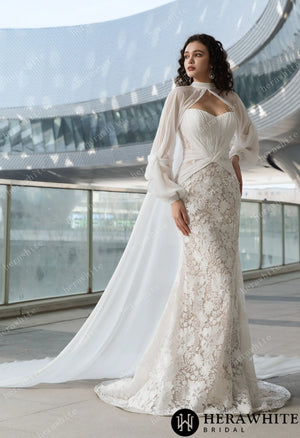 Elegant Strapless Pleated Wedding Dress with Lace Mermaid Skirt and Flowing Sheer Cape HW3580