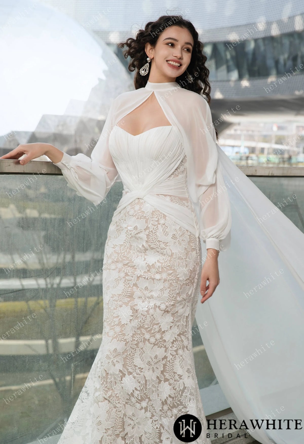 Elegant Strapless Pleated Wedding Dress with Lace Mermaid Skirt and Flowing Sheer Cape HW3580