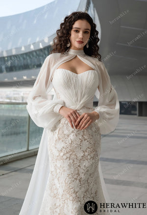 Elegant Strapless Pleated Wedding Dress with Lace Mermaid Skirt and Flowing Sheer Cape HW3580
