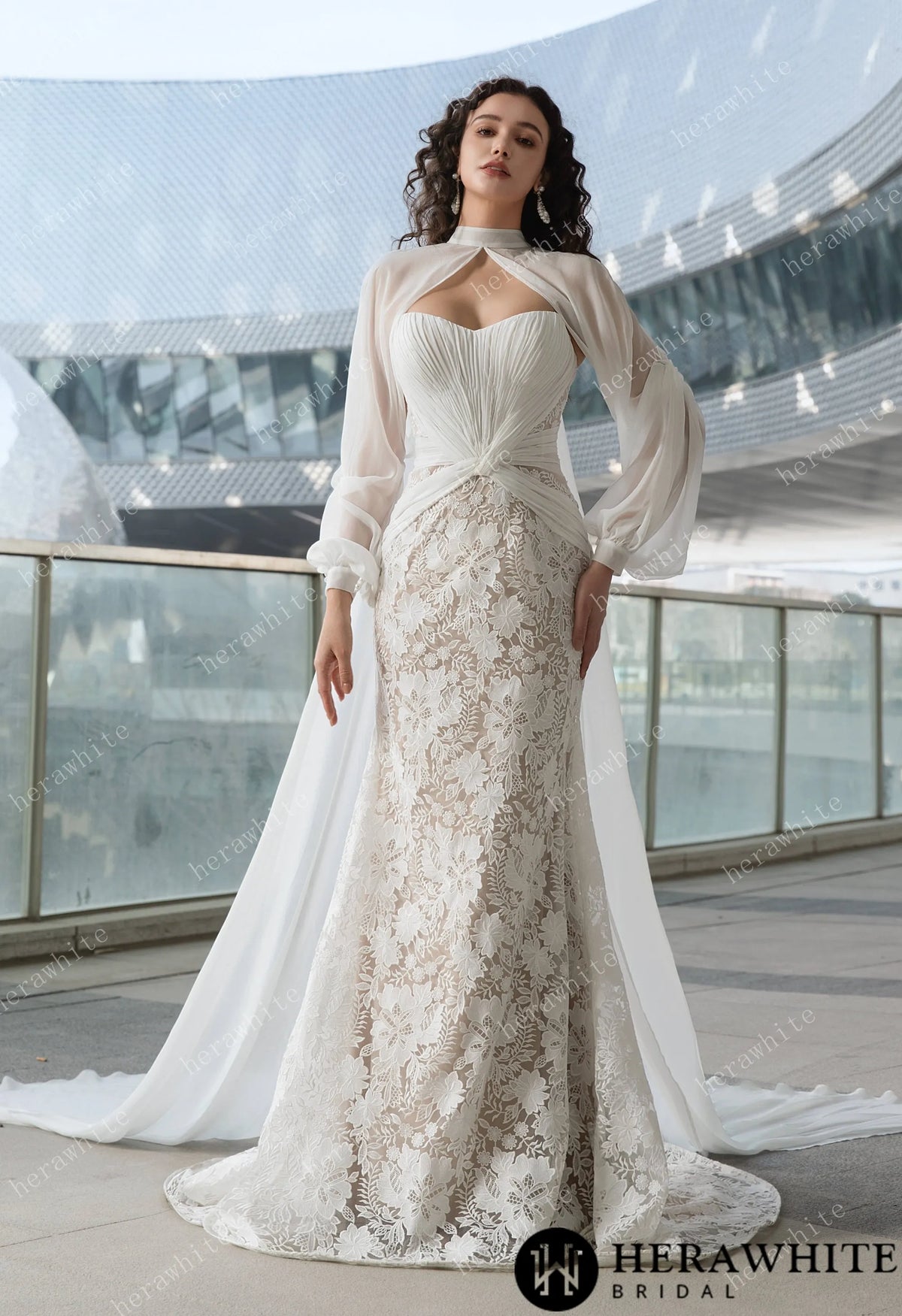 Elegant Strapless Pleated Wedding Dress with Lace Mermaid Skirt and Flowing Sheer Cape HW3580