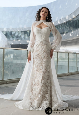 Elegant Strapless Pleated Wedding Dress with Lace Mermaid Skirt and Flowing Sheer Cape HW3580