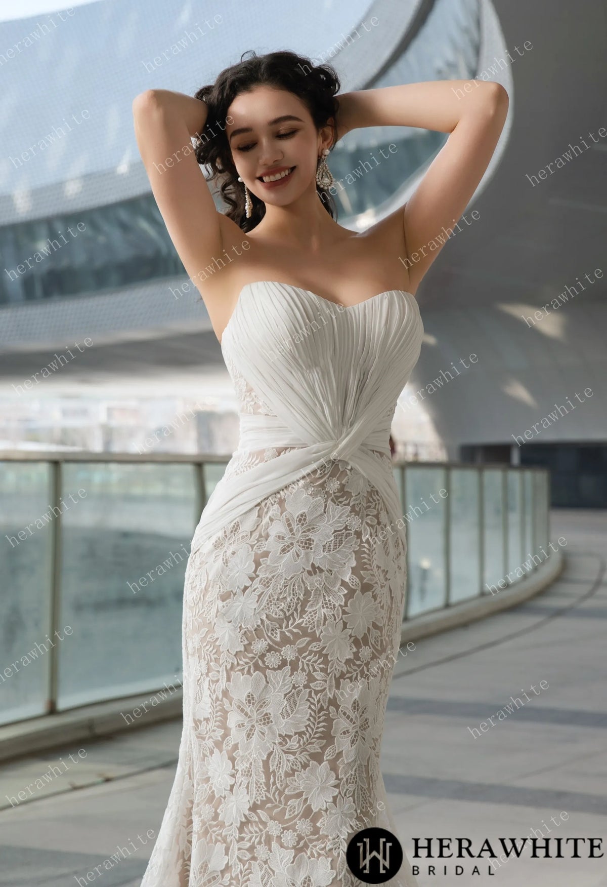 Elegant Strapless Pleated Wedding Dress with Lace Mermaid Skirt and Flowing Sheer Cape HW3580