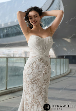 Elegant Strapless Pleated Wedding Dress with Lace Mermaid Skirt and Flowing Sheer Cape HW3580