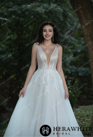 Sparkling A-line Gown with Deep V-neckline and Floral Embellished Bodice HW3581
