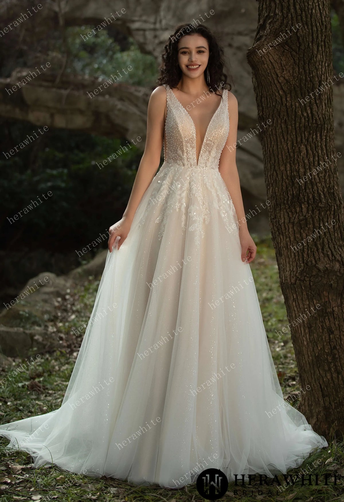 Sparkling A-line Gown with Deep V-neckline and Floral Embellished Bodice HW3581