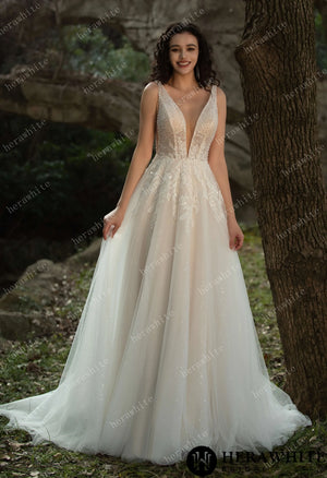 Sparkling A-line Gown with Deep V-neckline and Floral Embellished Bodice HW3581