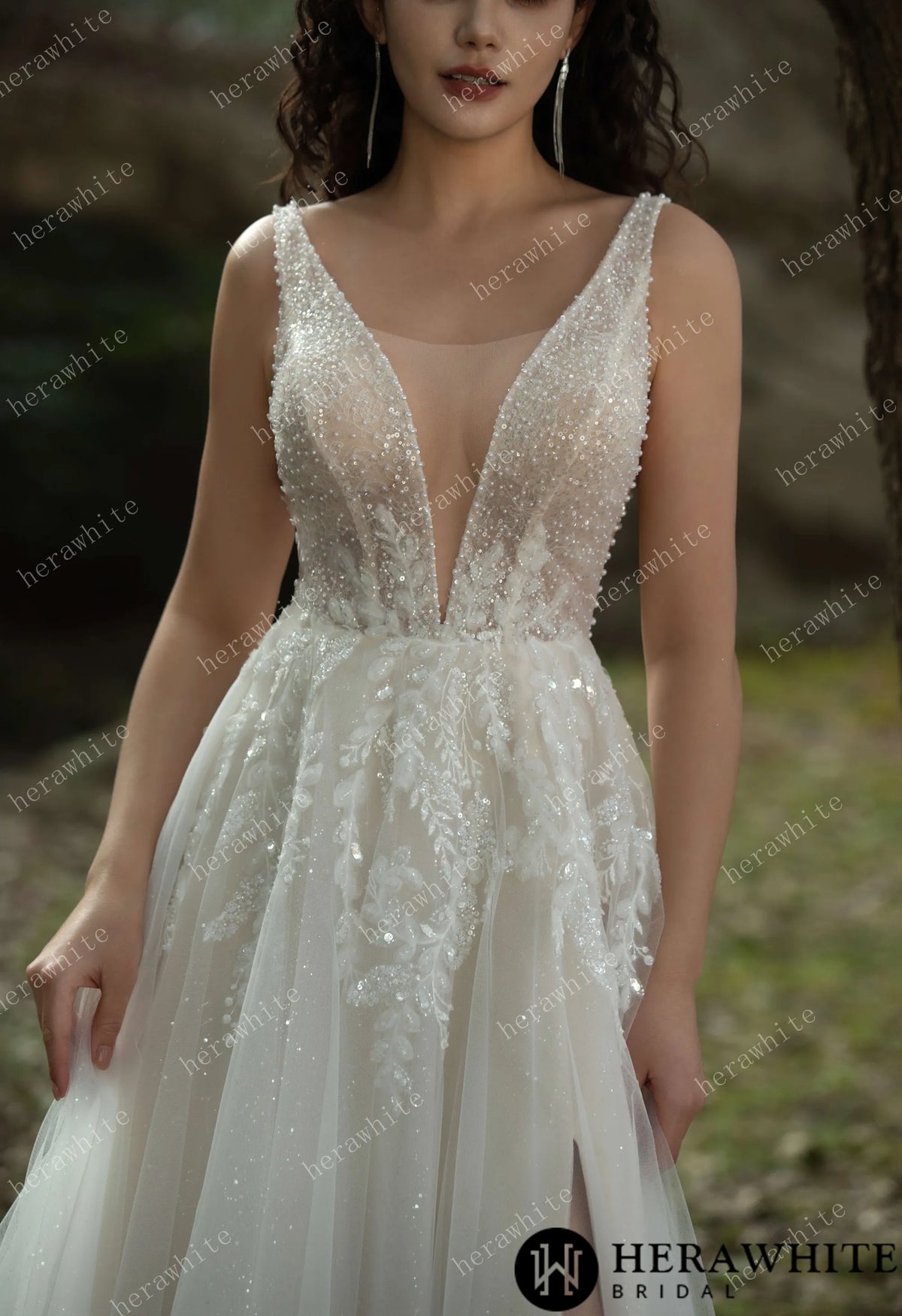 Sparkling A-line Gown with Deep V-neckline and Floral Embellished Bodice HW3581