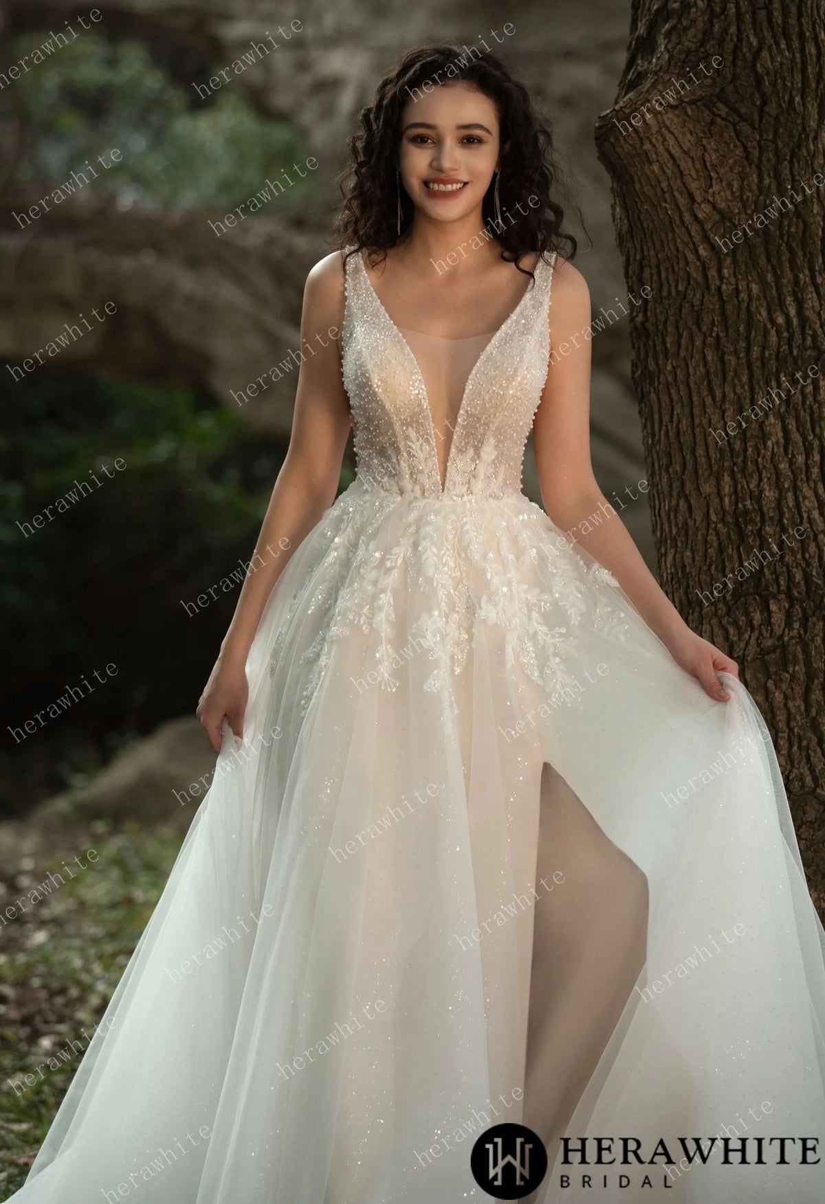 Sparkling A-line Gown with Deep V-neckline and Floral Embellished Bodice HW3581
