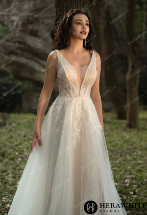 Sparkling A-line Gown with Deep V-neckline and Floral Embellished Bodice HW3581