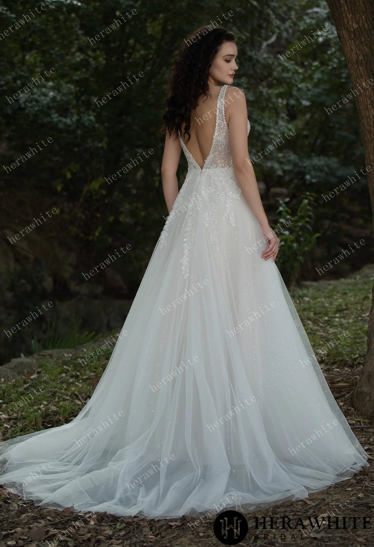 Sparkling A-line Gown with Deep V-neckline and Floral Embellished Bodice HW3581