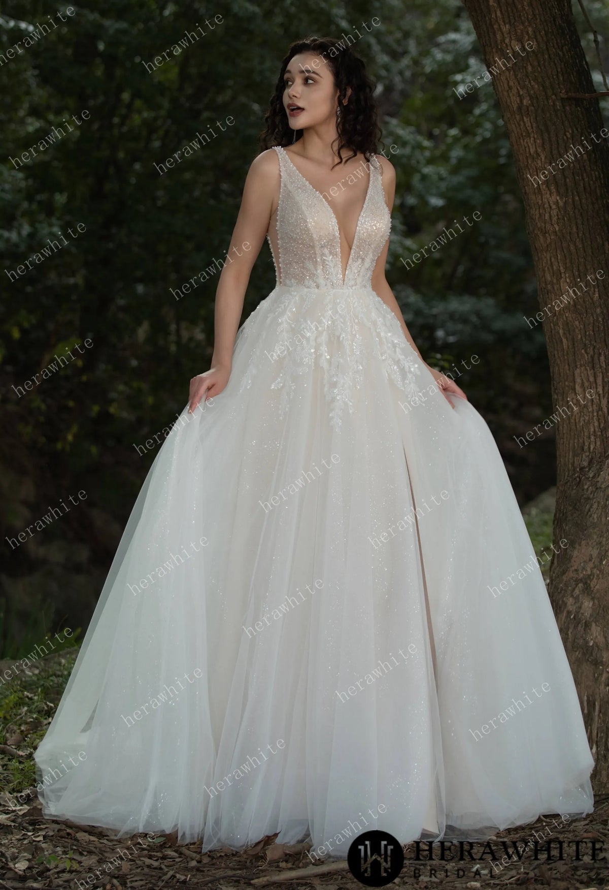 Sparkling A-line Gown with Deep V-neckline and Floral Embellished Bodice HW3581