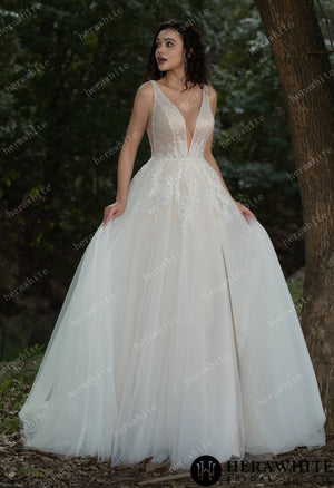 Sparkling A-line Gown with Deep V-neckline and Floral Embellished Bodice HW3581