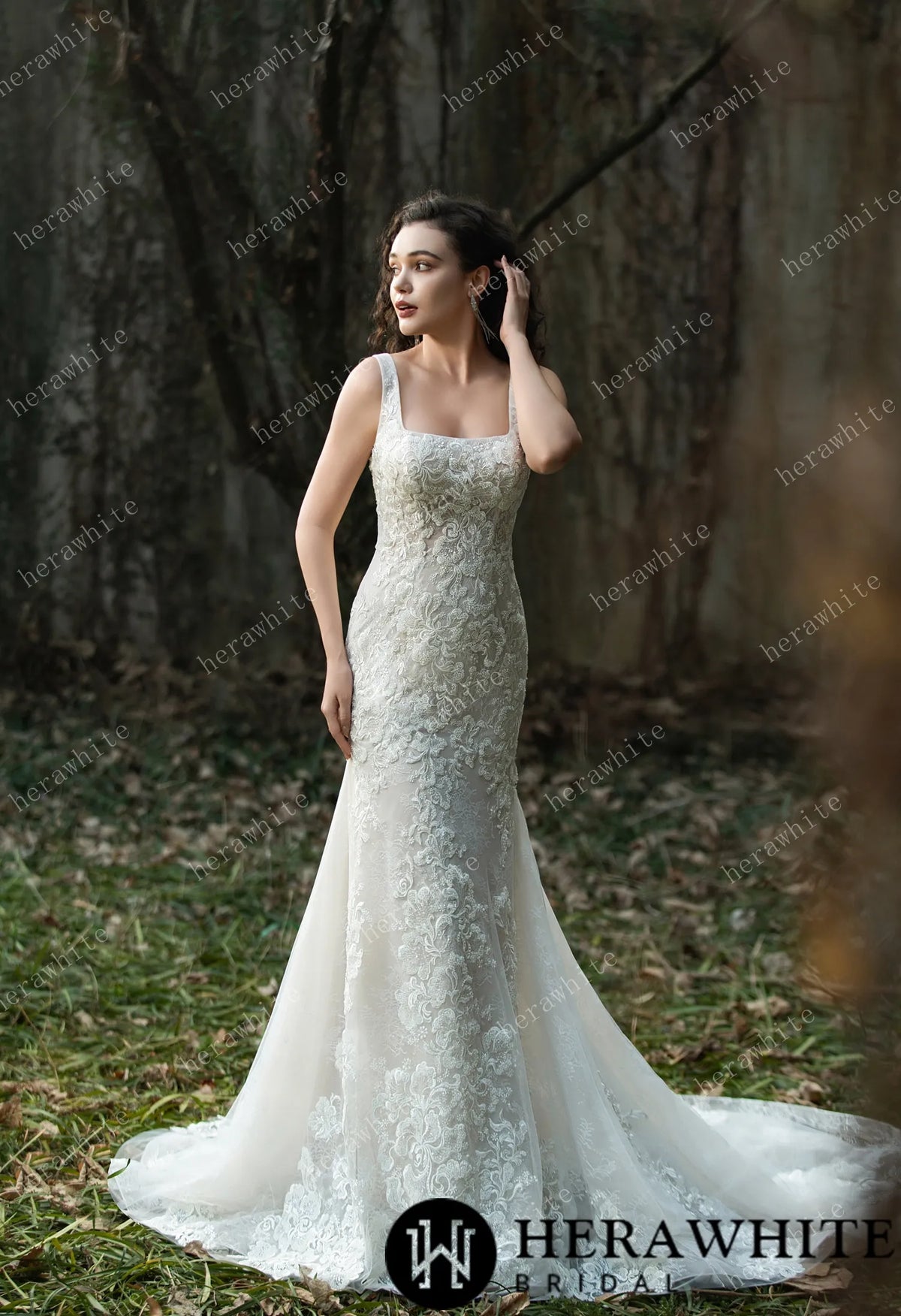 Elegant Lace Fit-and-Flare Gown with Square Neckline and Intricate Floral Detailing HW3582