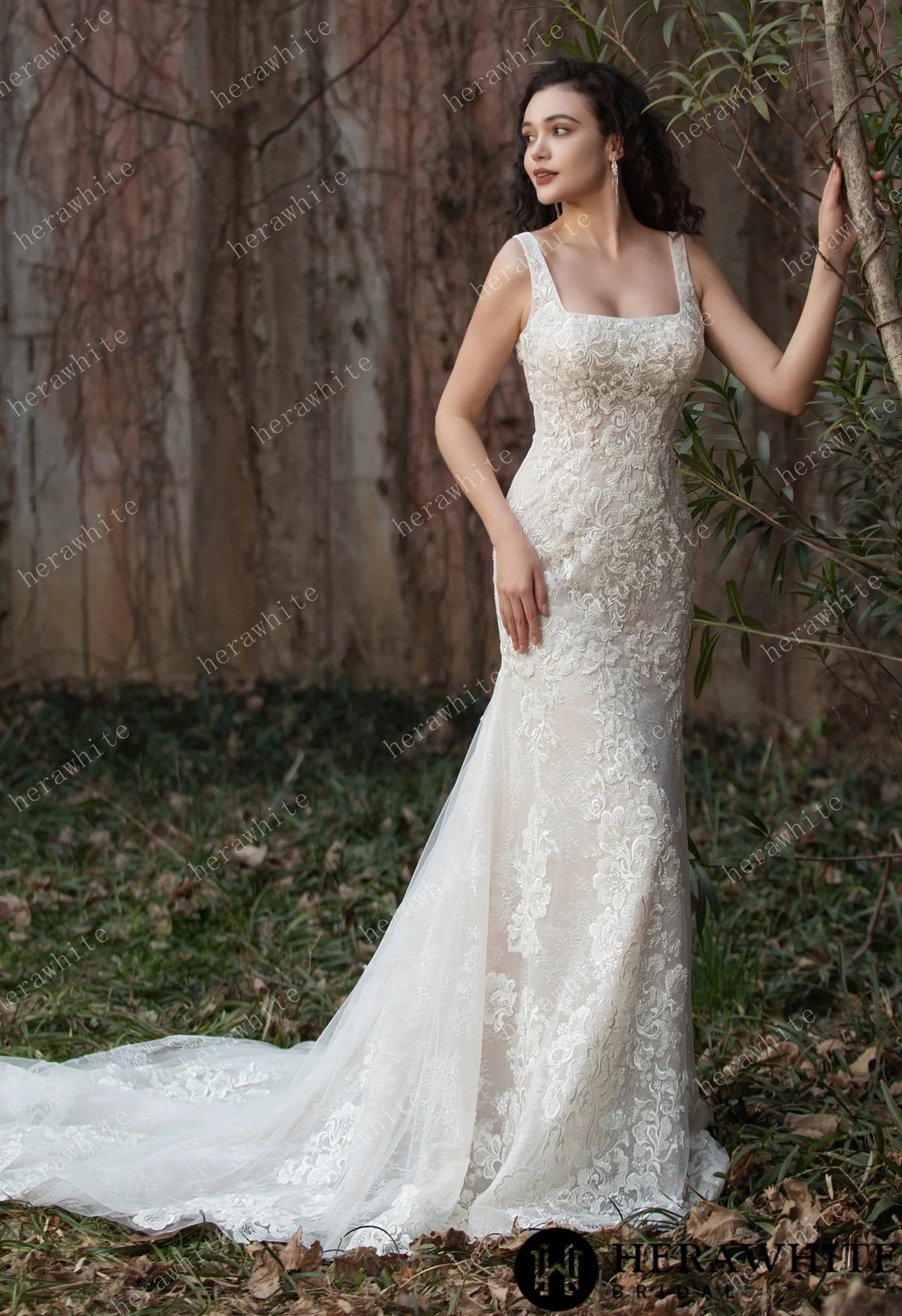 Elegant Lace Fit-and-Flare Gown with Square Neckline and Intricate Floral Detailing HW3582