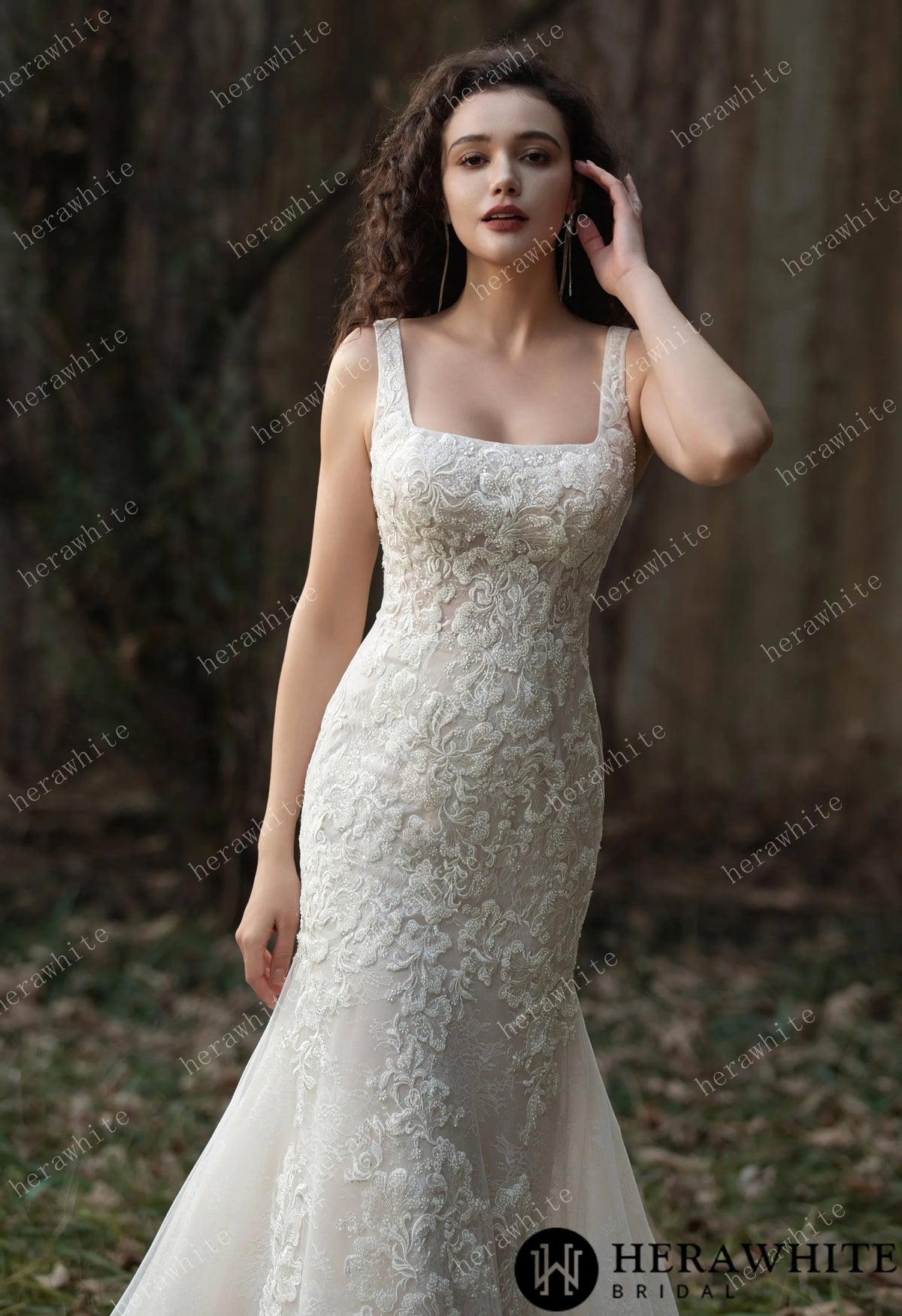 Elegant Lace Fit-and-Flare Gown with Square Neckline and Intricate Floral Detailing HW3582