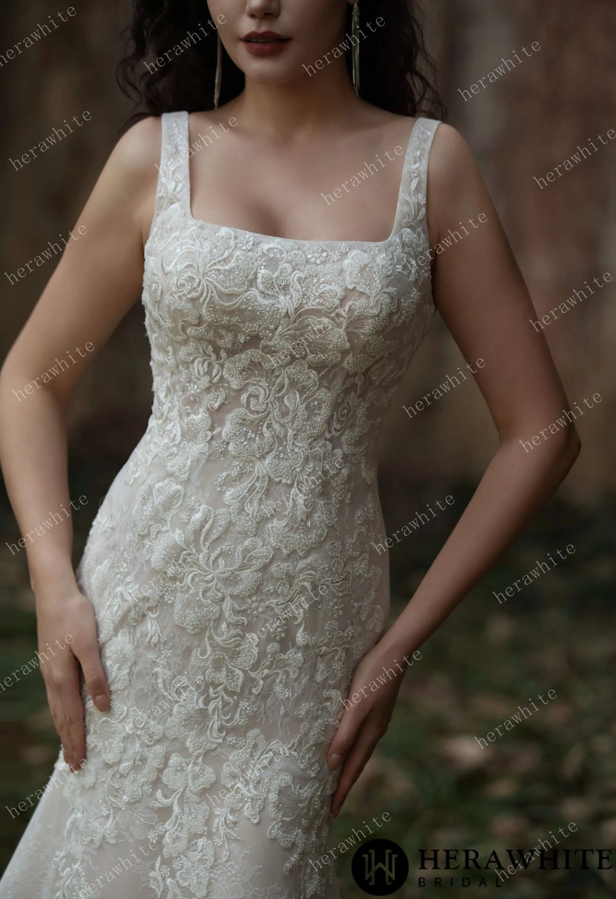 Elegant Lace Fit-and-Flare Gown with Square Neckline and Intricate Floral Detailing HW3582