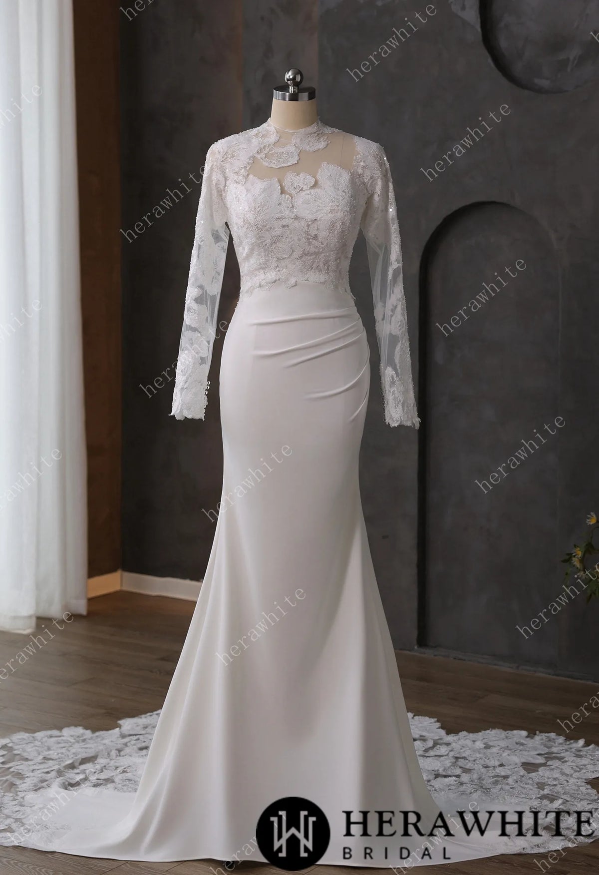 Beaded Lace Sheer Bodice Wedding Dress with Crepe Skirt HW3592