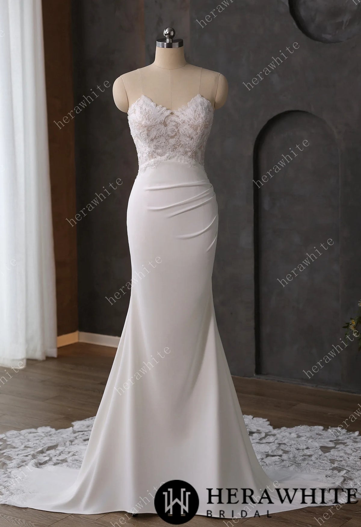 Beaded Lace Sheer Bodice Wedding Dress with Crepe Skirt HW3592