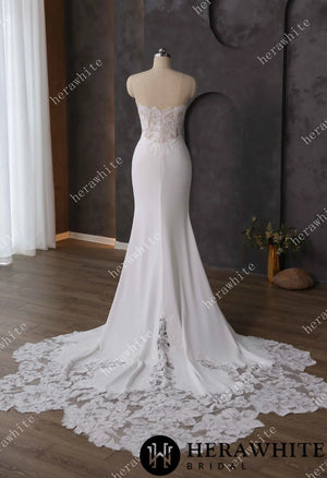 Beaded Lace Sheer Bodice Wedding Dress with Crepe Skirt HW3592