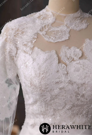 Beaded Lace Sheer Bodice Wedding Dress with Crepe Skirt HW3592