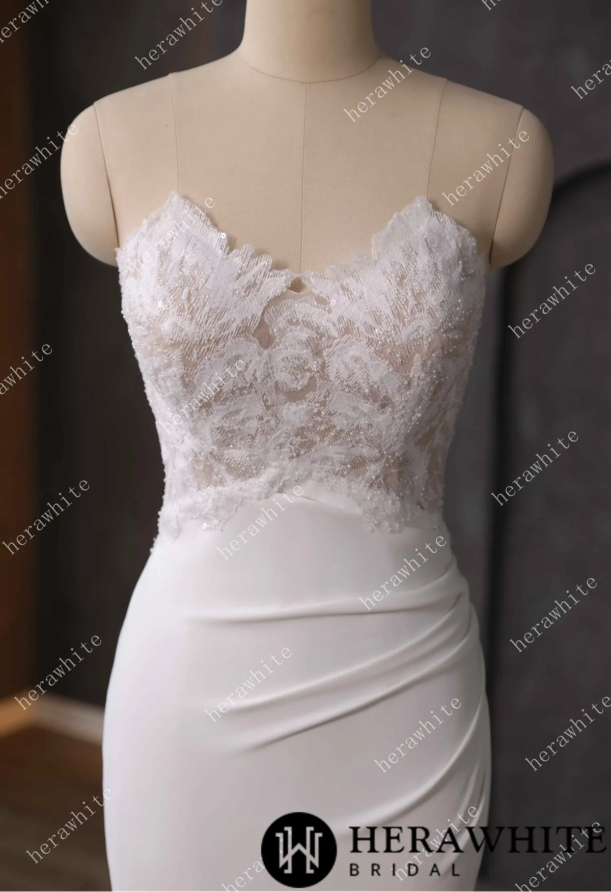 Beaded Lace Sheer Bodice Wedding Dress with Crepe Skirt HW3592