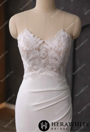 Beaded Lace Sheer Bodice Wedding Dress with Crepe Skirt HW3592