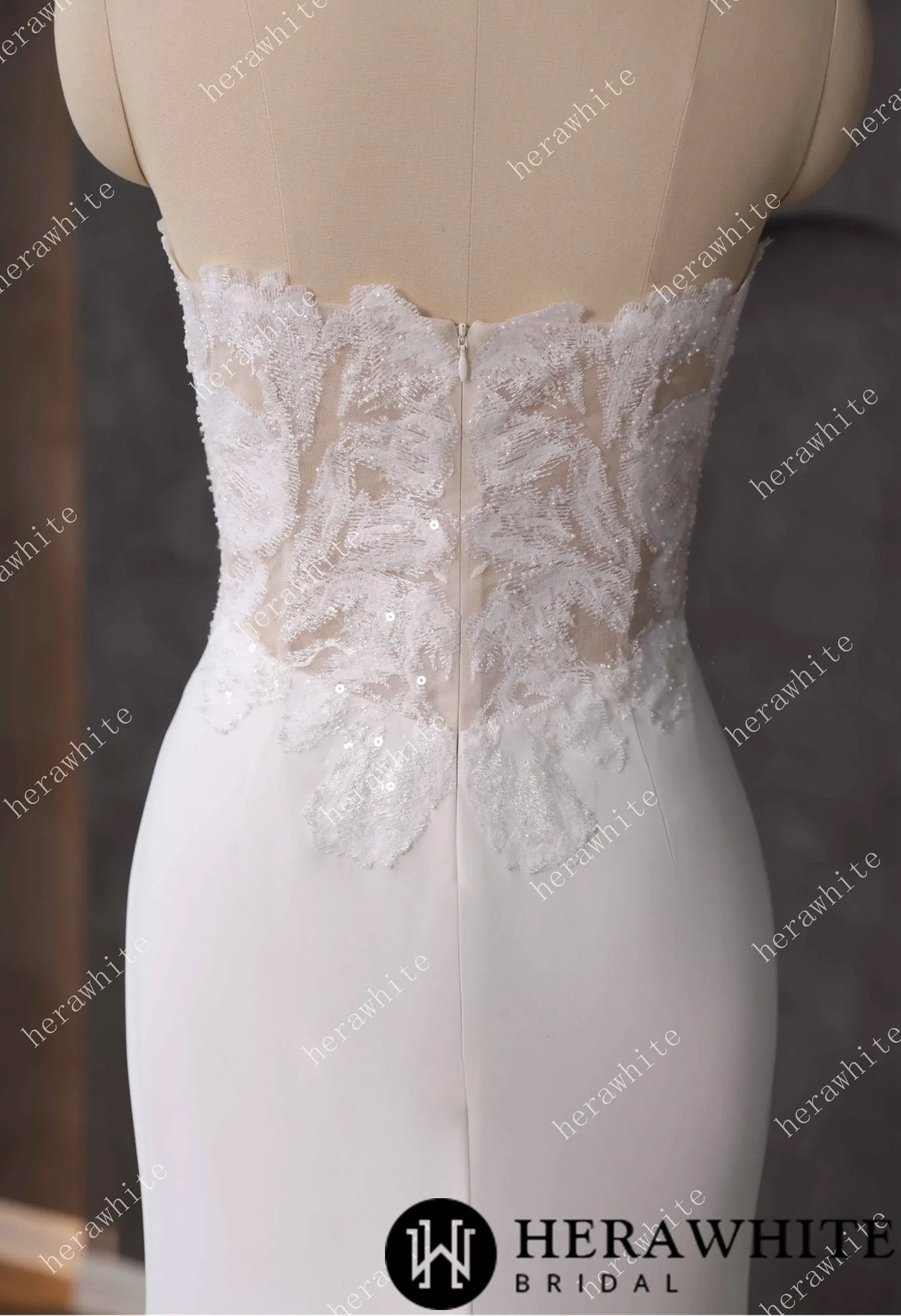 Beaded Lace Sheer Bodice Wedding Dress with Crepe Skirt HW3592
