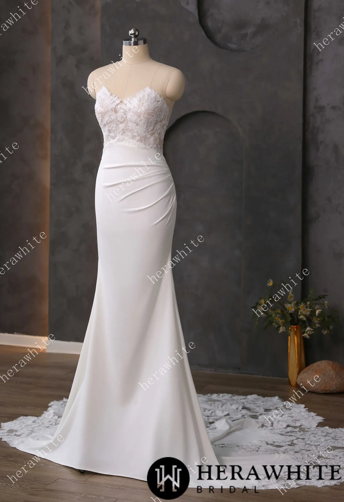 Beaded Lace Sheer Bodice Wedding Dress with Crepe Skirt HW3592