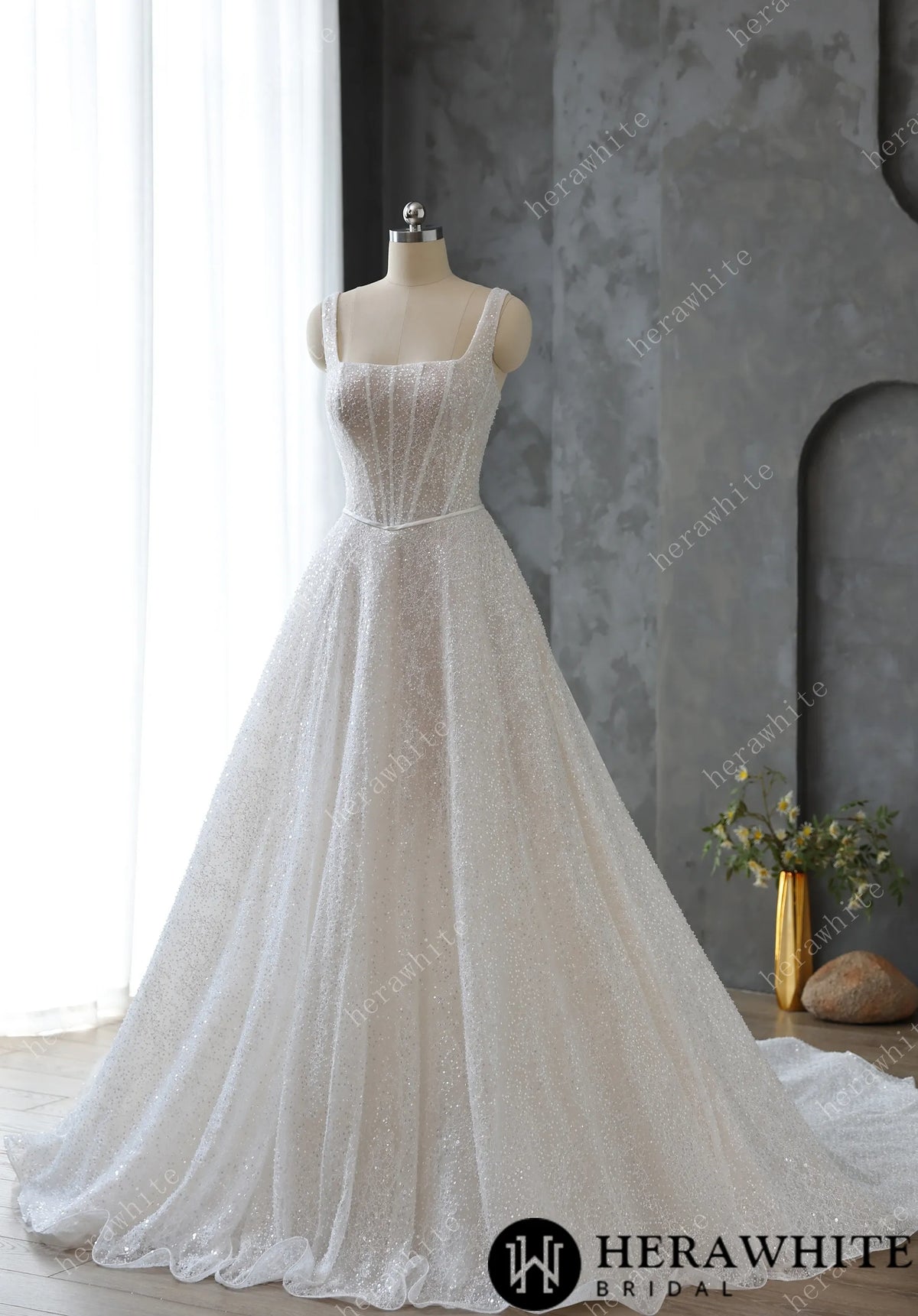 Sophisticated Square Neck Beaded Embroidery Lace Wedding Dress HW3597