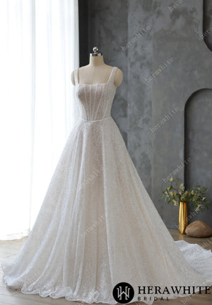 Sophisticated Square Neck Beaded Embroidery Lace Wedding Dress HW3597