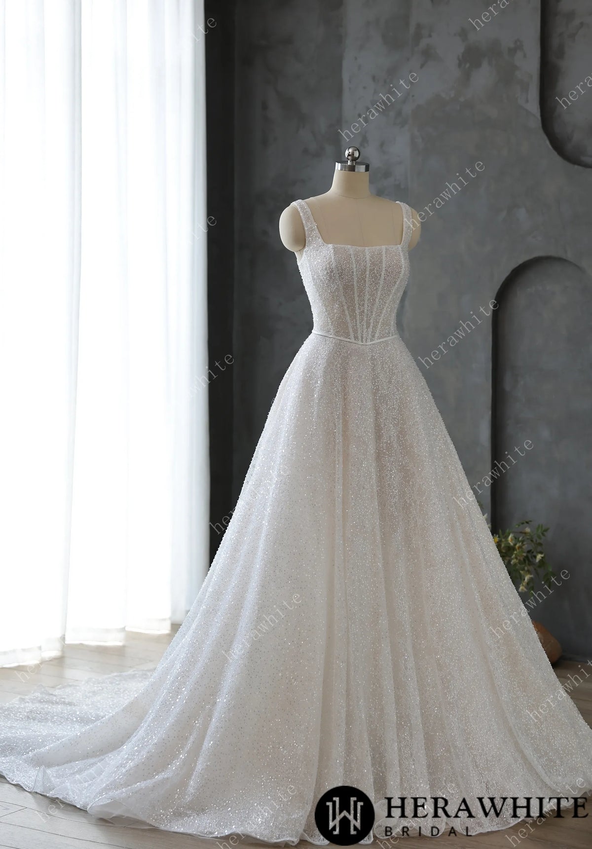 Sophisticated Square Neck Beaded Embroidery Lace Wedding Dress HW3597