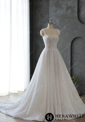 Sophisticated Square Neck Beaded Embroidery Lace Wedding Dress HW3597