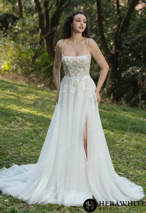 Colourful Embroidered Floral With Spaghetti Straps Square Neck Wedding Dress HW3608