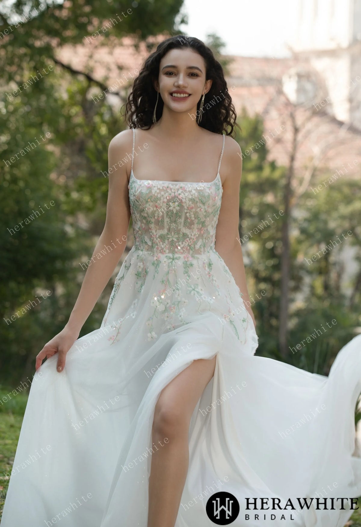 Colourful Embroidered Floral With Spaghetti Straps Square Neck Wedding Dress HW3608