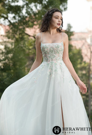 Colourful Embroidered Floral With Spaghetti Straps Square Neck Wedding Dress HW3608