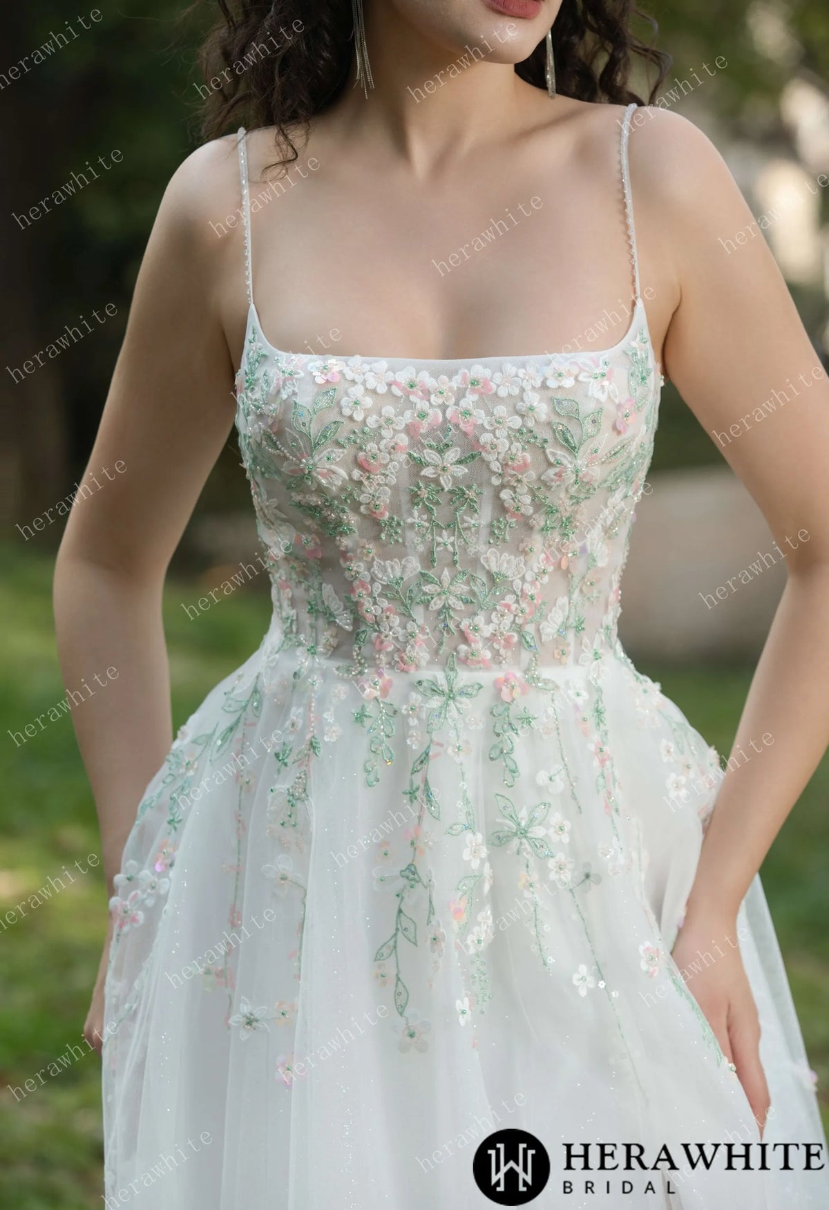 Colourful Embroidered Floral With Spaghetti Straps Square Neck Wedding Dress HW3608