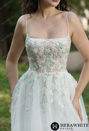 Colourful Embroidered Floral With Spaghetti Straps Square Neck Wedding Dress HW3608