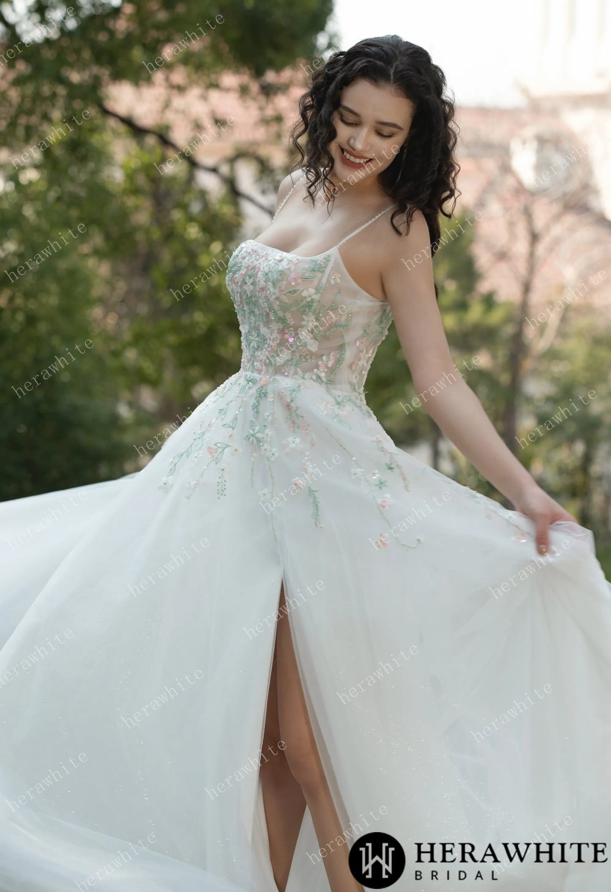 Colourful Embroidered Floral With Spaghetti Straps Square Neck Wedding Dress HW3608