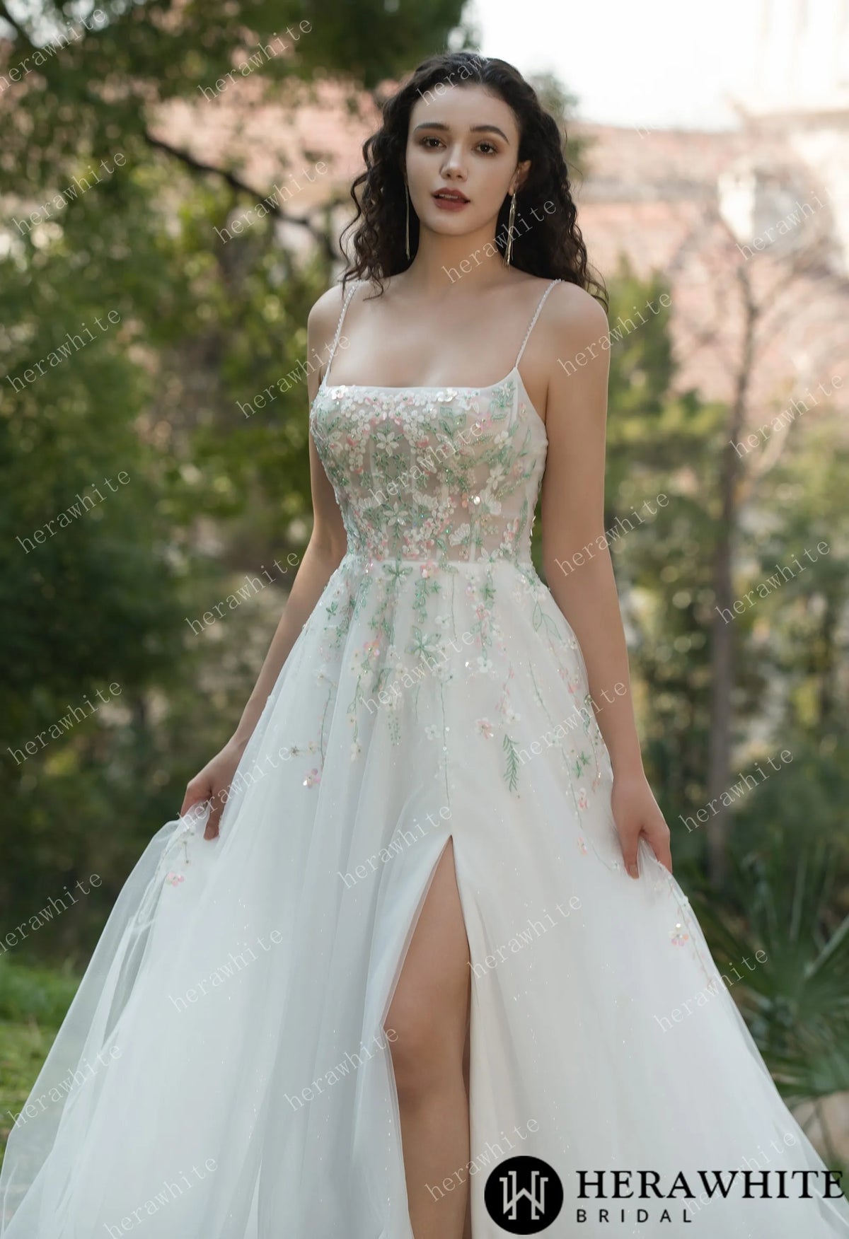 Colourful Embroidered Floral With Spaghetti Straps Square Neck Wedding Dress HW3608