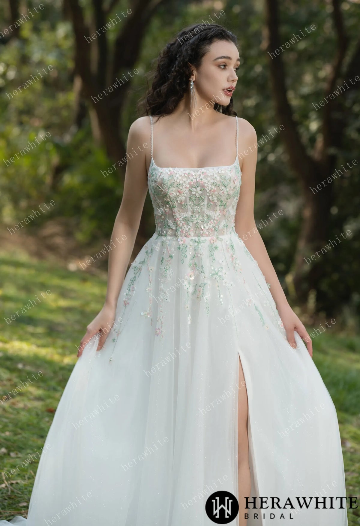 Colourful Embroidered Floral With Spaghetti Straps Square Neck Wedding Dress HW3608