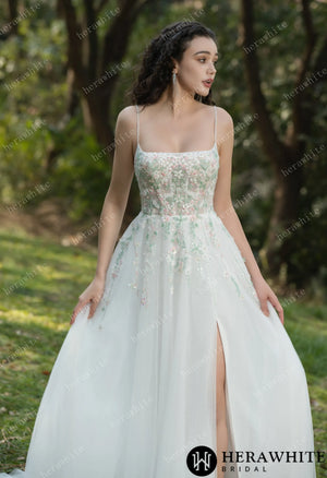 Colourful Embroidered Floral With Spaghetti Straps Square Neck Wedding Dress HW3608