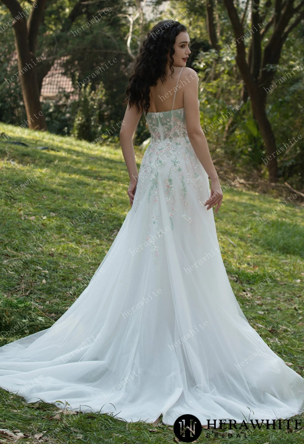 Colourful Embroidered Floral With Spaghetti Straps Square Neck Wedding Dress HW3608