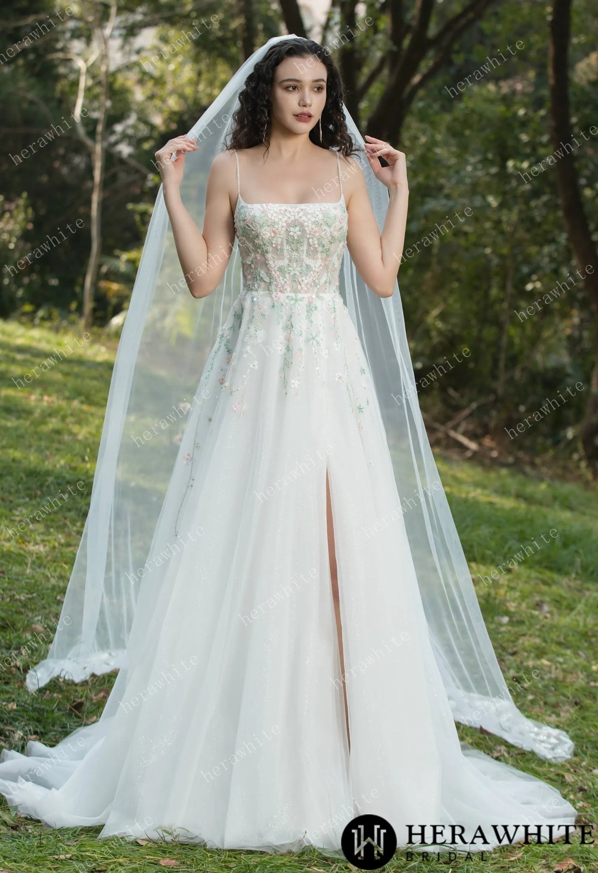 Colourful Embroidered Floral With Spaghetti Straps Square Neck Wedding Dress HW3608