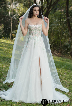 Colourful Embroidered Floral With Spaghetti Straps Square Neck Wedding Dress HW3608