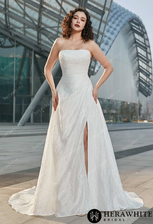 Strapless High Slit Printed Tulle A line Wedding Dresses HW3609