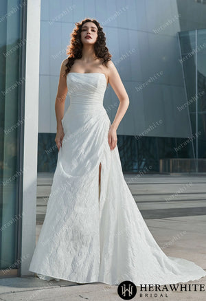 Strapless High Slit Printed Tulle A line Wedding Dresses HW3609